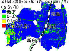 広範囲で放射線量が増えた福島県