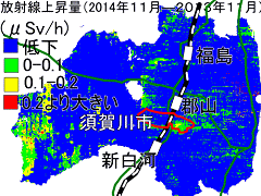 放射線量が上昇した須賀川市東部